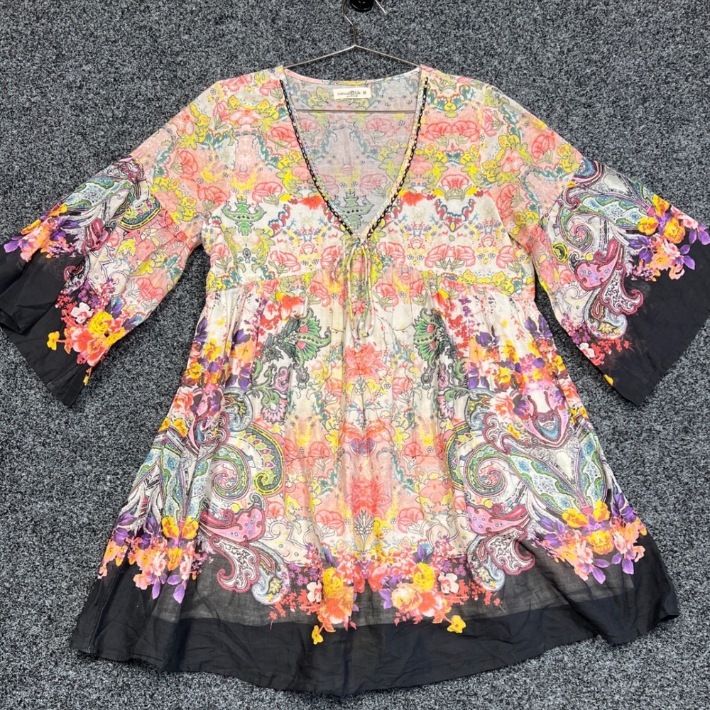 Natural Life Womens M Boho Paisley Floral Cotton Sequin V-Neck Bell Sleeve Tunic
